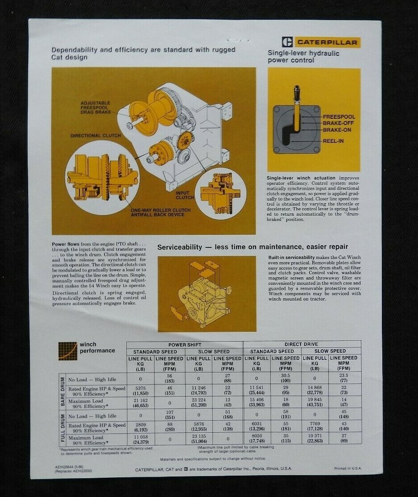 1986 CATERPILLAR D6C TRACTOR "54 WINCH" SPECIFICATIONS BROCHURE