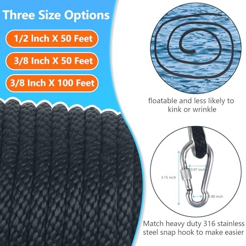 1/2 Inch 50 FT Anchor Rope, Boat Anchor Rope Solid Braid MFP, 1/2inx50ft Black