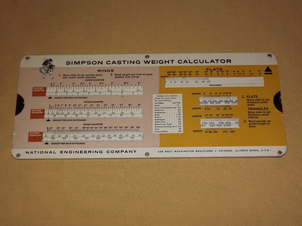 VINTAGE 1966 SIMPSON CASTING WEIGHT SLIDE CHART CALCULATOR