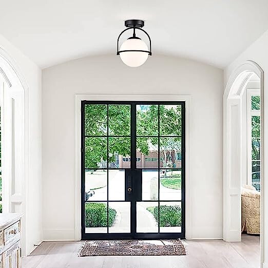 Flush Mount Globe Ceiling Light with Opal Glass Shade, Black E26 Base 1-Light