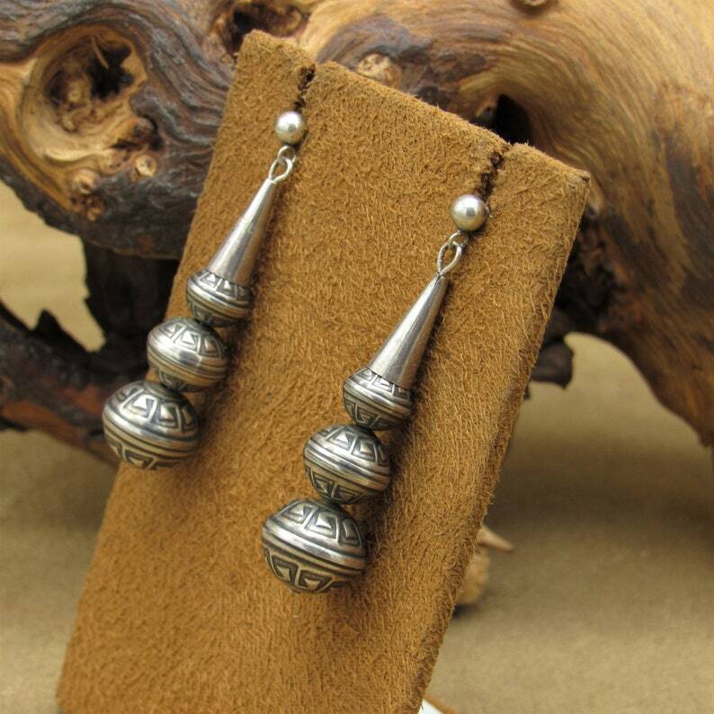 Sterling Silver Graduated Stamped Bead Dangle Post Earrings