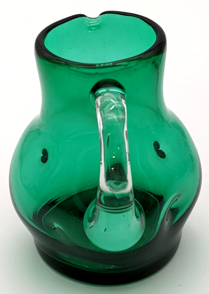 Hand Blown Green Pinched Art Glass Pitcher Applied Clear Handle