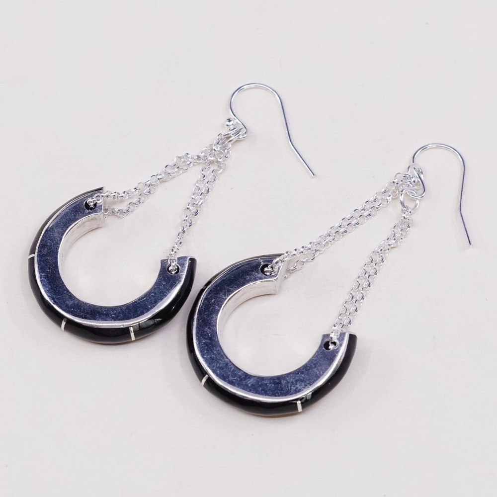 vtg Sterling silver handmade earrings, 925 w/ circle shaped dangles n obsidian