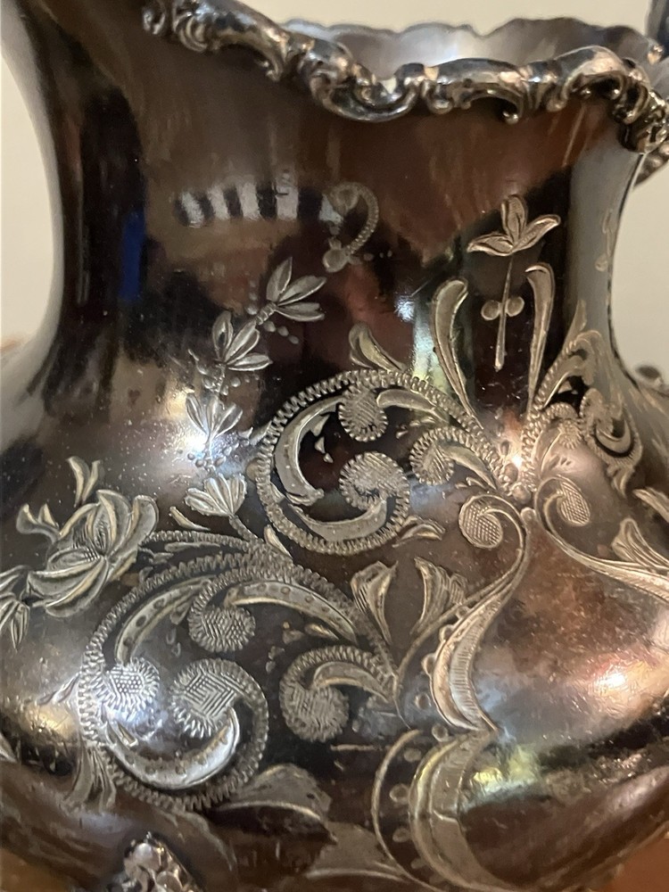 Antique Silver Meriden Ornate Etched Silverplate 4” Pitcher