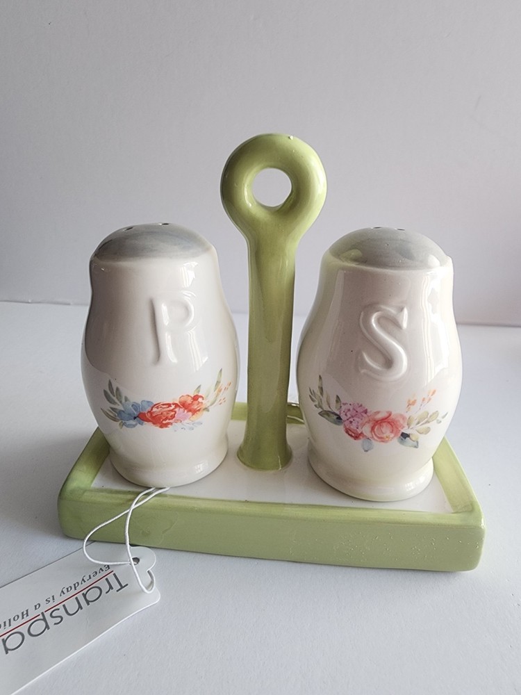 Transpac Ceramic Salt & Pepper Shakers Floral Pattern White Green Multicolor Set