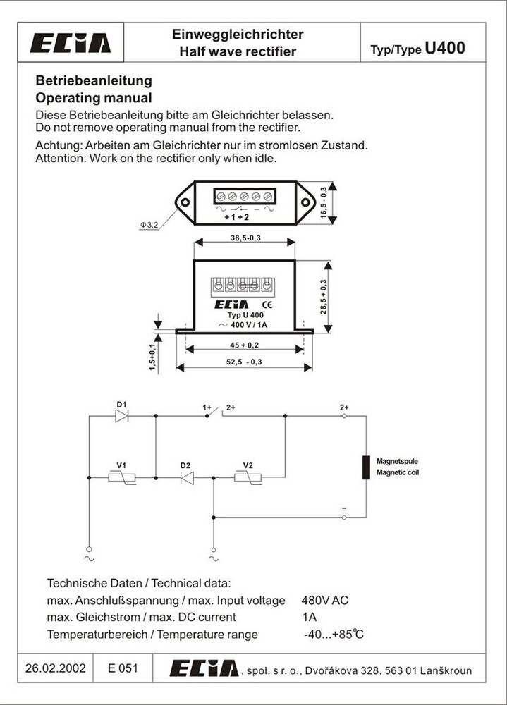 Replace ECIA TYP U400 400V/1A brake rectifier module