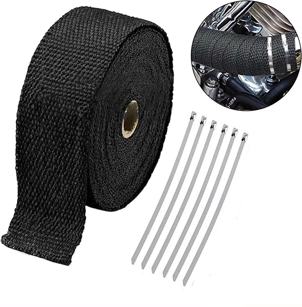 10M Black Exhaust Header Pipe Insulation Thermal Wrap Trap Motorcycle + 6 Ties