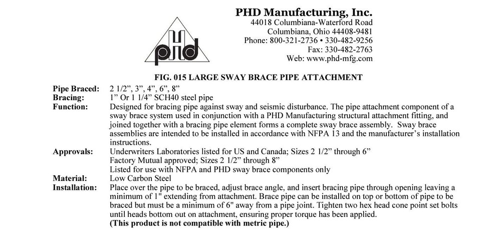 PHD Fig. 015 4" x 1" Seismic Large Sway Brace Pipe Attachment Electro-Galvanized