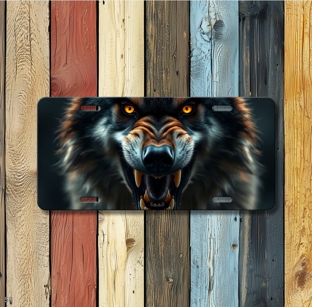 Snarling Wolf License Plate Snarling Design Customizable Front Bumper Plate Spec