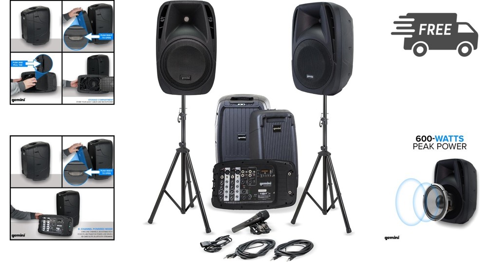 Portable PA System Bluetooth Speakers Microphone Mixer Stands 600W