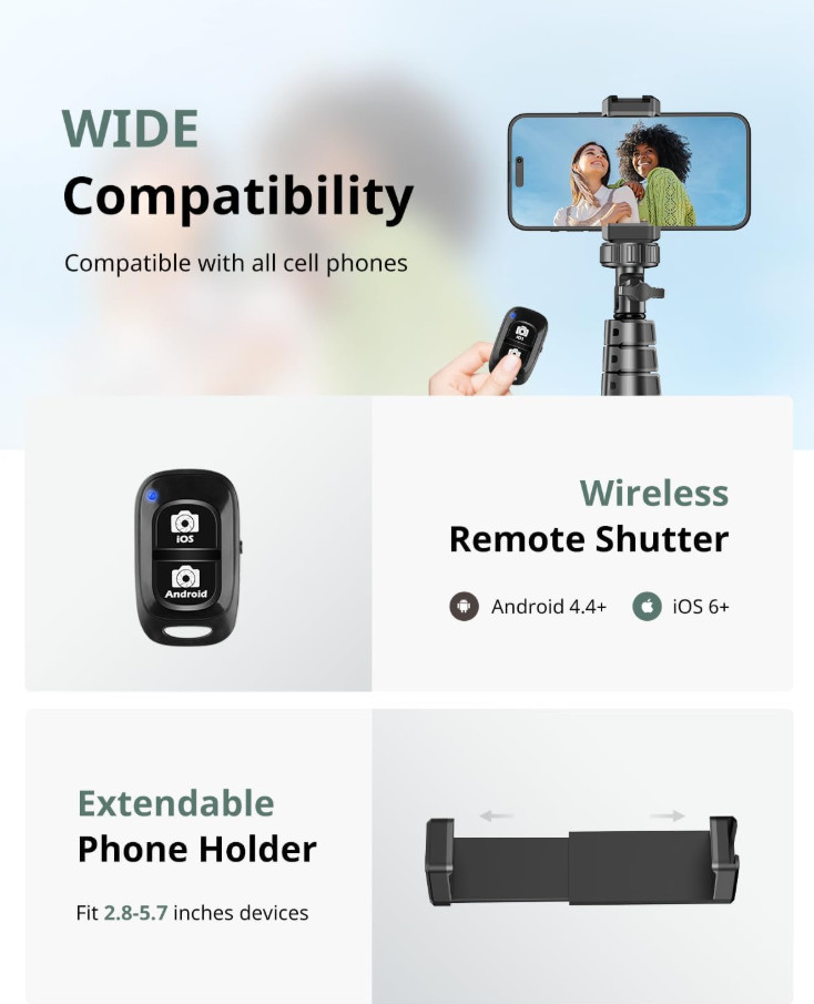 SENSYNE 62" Phone Tripod Selfie Stick Stand w/ Remote for iPhone Android