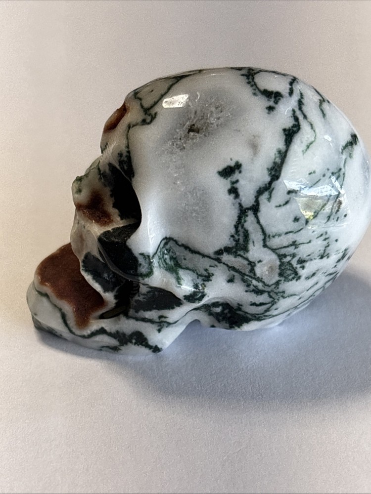 1.8" Geode Moss Agate Crystal Skull Figurine