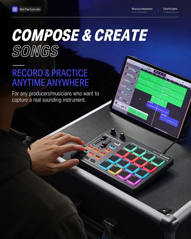 Donner STARRYPAD USB MIDI Pad Beat Maker Drum Machine 2 Assignable Fader Knobs