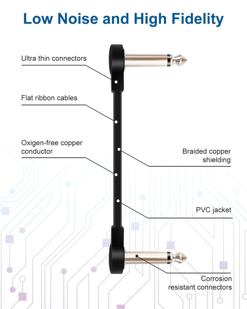 3-Pack Professional Guitar Patch Cables - 6 Inch 1/4 TS Flat Ultra-Thin Effect G
