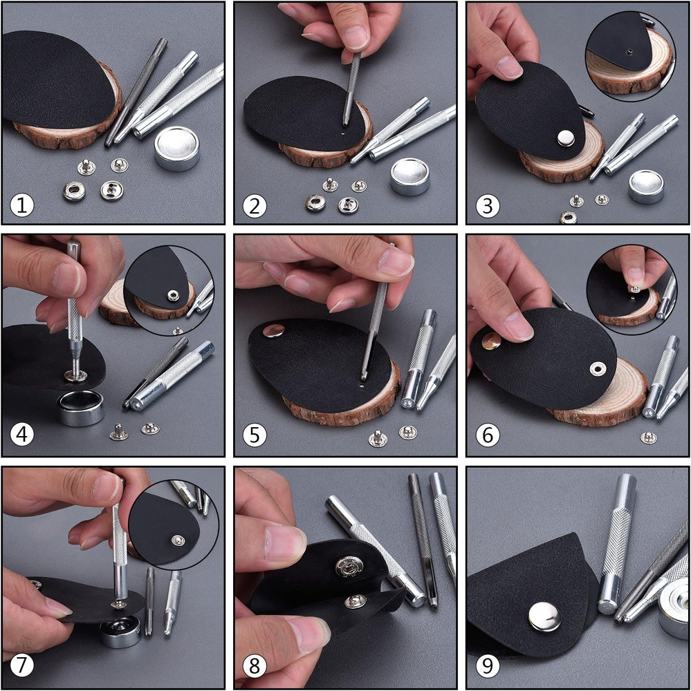 100 Set Snap Fasteners Leather Snaps Button Kit Press Studs with 4x Fixing Tools