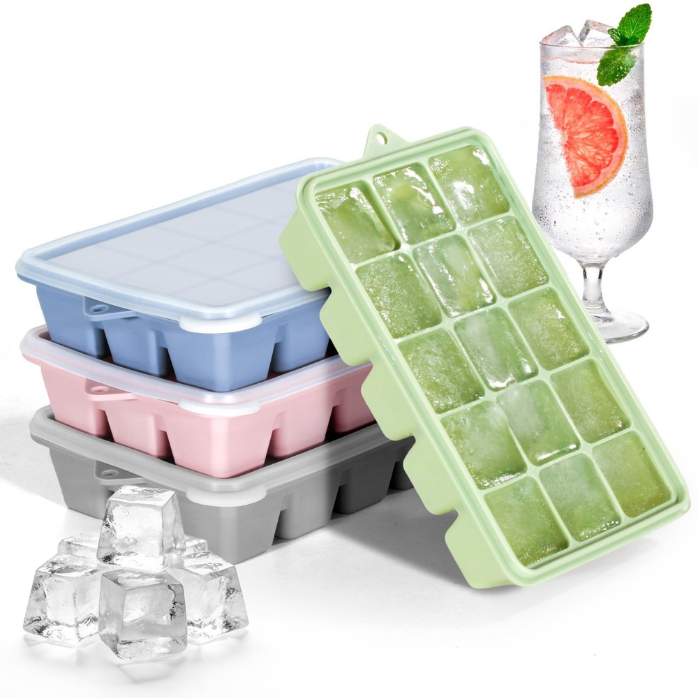 4 Pack Silicone Ice Cube Trays with Lids, Easy Release Stackable Molds for Cockt