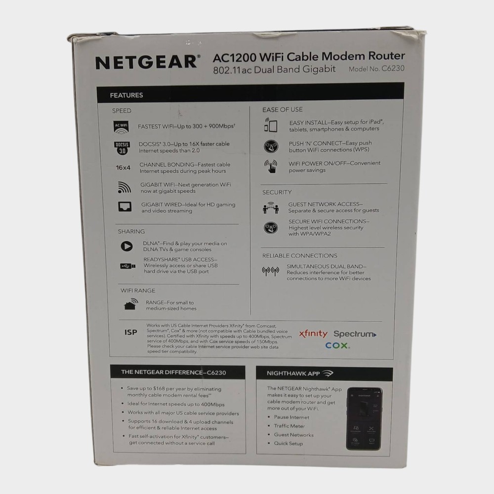 Netgear AC1200 WIFI Cable Modem Router C6230 (Untested)
