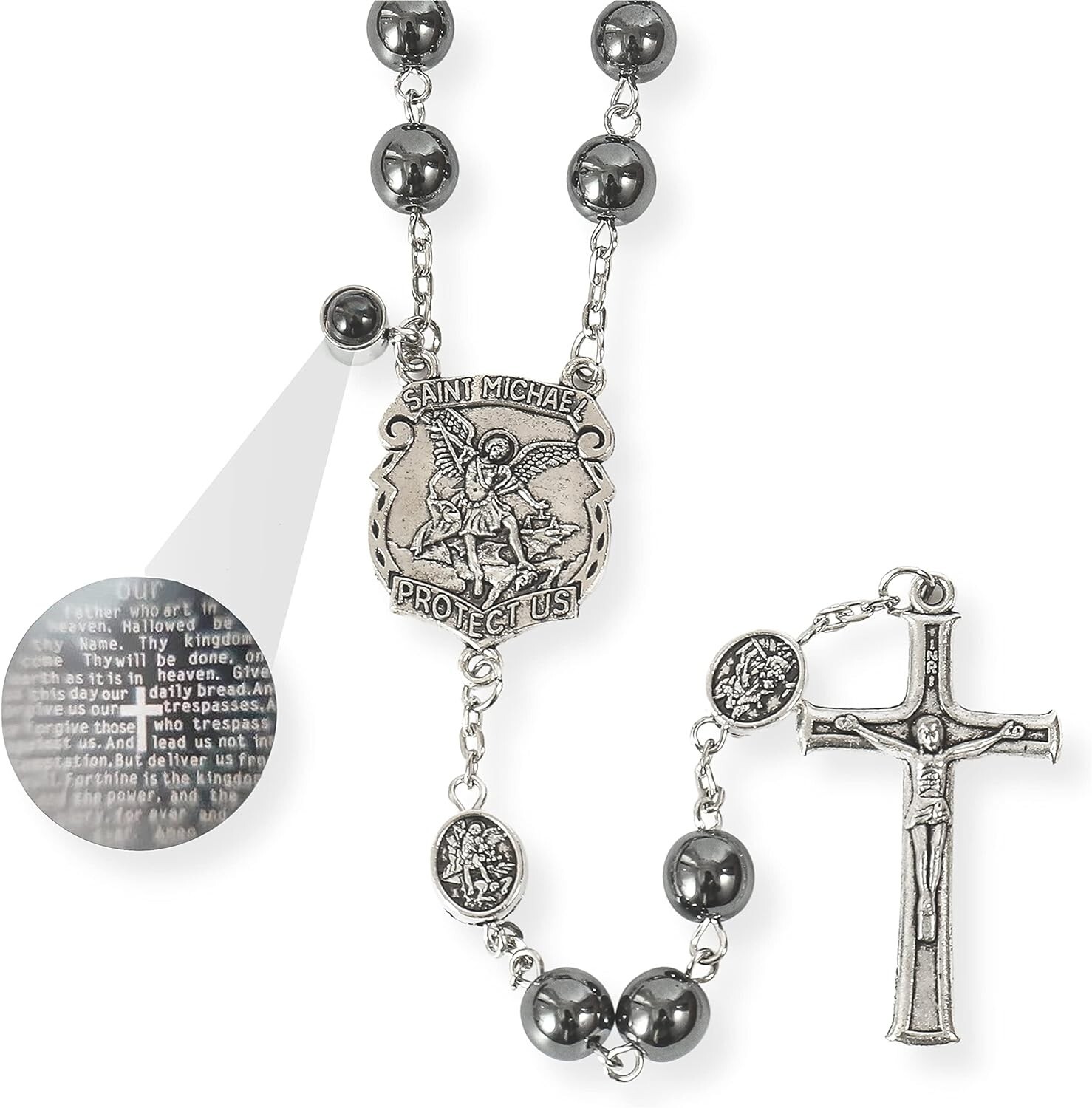 Hematite Black Stone Beads Rosary Necklace with St Michael Centerpiece, Crucifix
