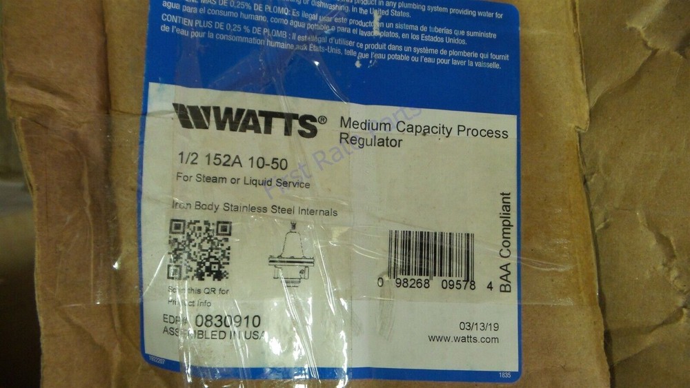 Watts 0830910 Pressure Regulator Valve 1/2 152A 10-50 Steam Reducing PSI 1/2in