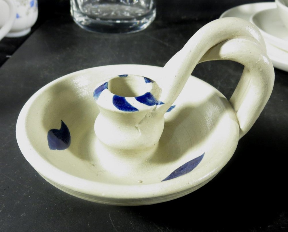 Williamsburg Pottery Finger Loop Candle Holder Blue Decoration