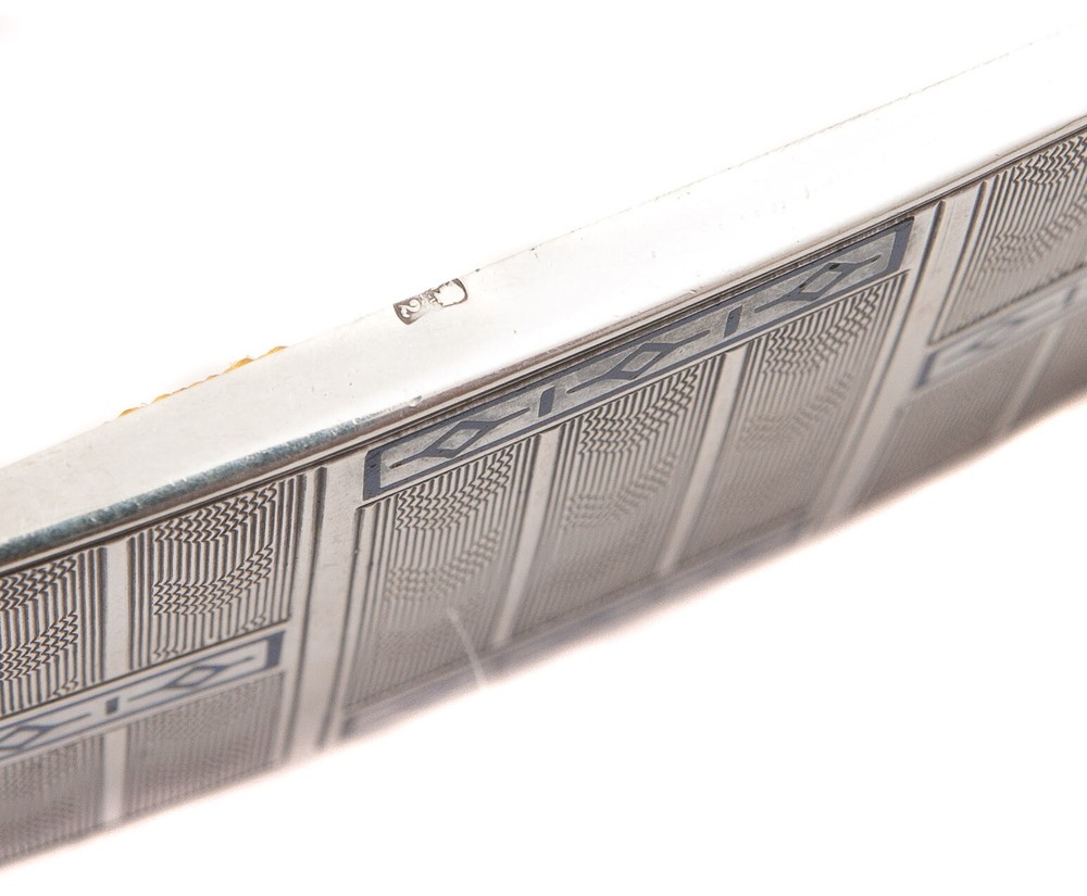 Art Deco Solid Silver Engine Turned & Enamel Cigarette Case - Polish / Poland