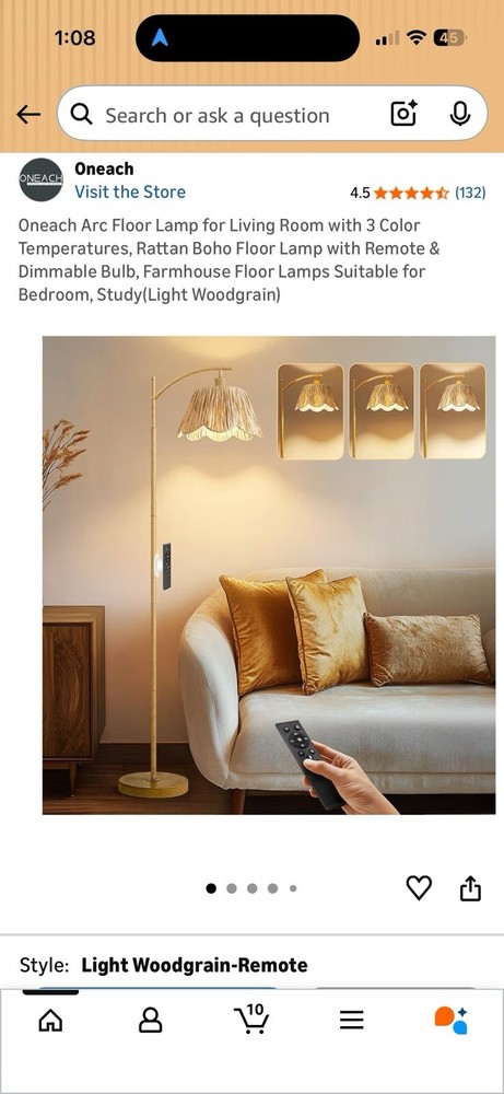 Oneach Arc Floor Lamp with Remote Control Three Colored Temperature