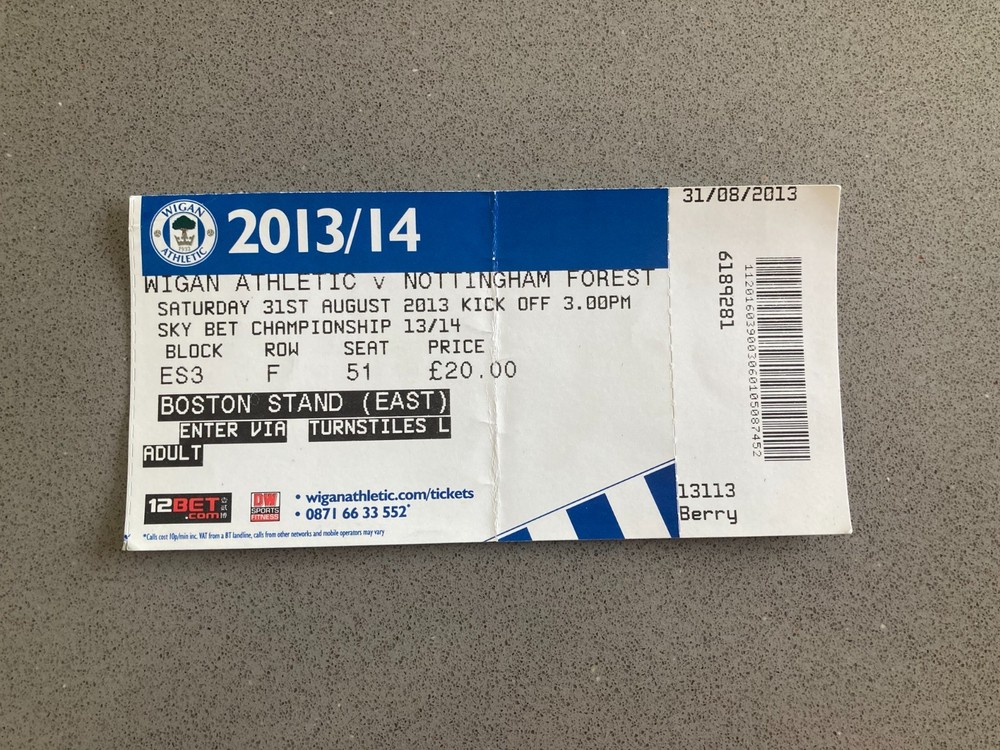 Wigan Athletic v Nottingham Forest 2013-14 Match Ticket