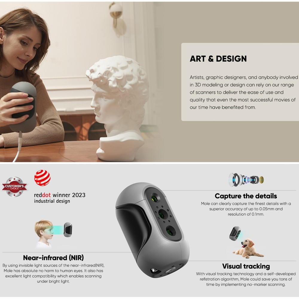 3DMakerpro Mole Handheld 3D Scanner For 3D Printer 0.05mm Accuracy & 0.1mm UJAY