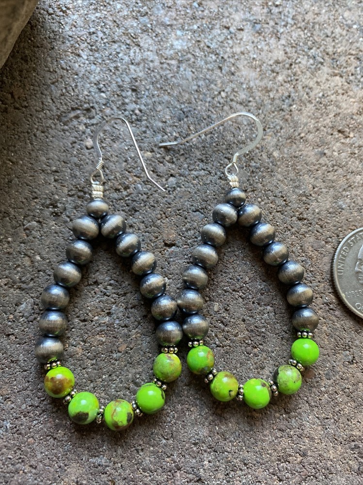 Sterling Silver Green Turquoise W Pearls Bead Loop Earrings.