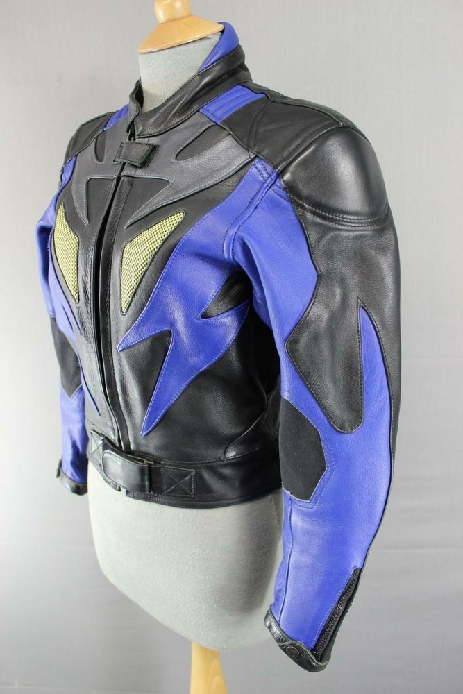 SUPERB J&S BLACK, BLUE & SILVER LEATHER BIKER JACKET SIZE 10