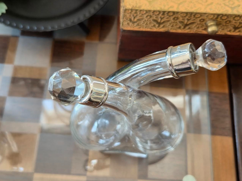 A Small and Medium Size Sterling Silver and Glass Double Condiment Bottles