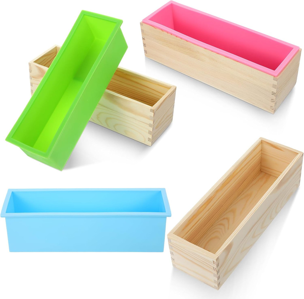 3 Pcs Soap Making Molds with Wood Box Tray, Flexible Rectangular Silicone Soap M
