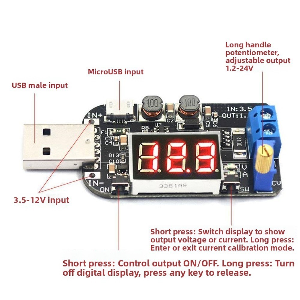 Adjustable USB Regulator 1.2V-24V Output with Onboard Potentiometer and Display