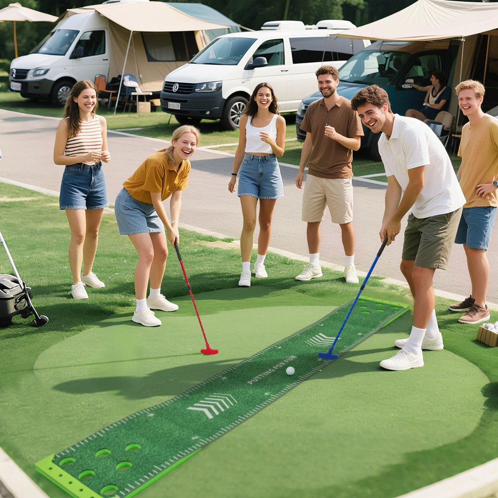 Golf Game Set 11 FT Putting Green Mat w/ 2 Adjustable Putters 6 Balls