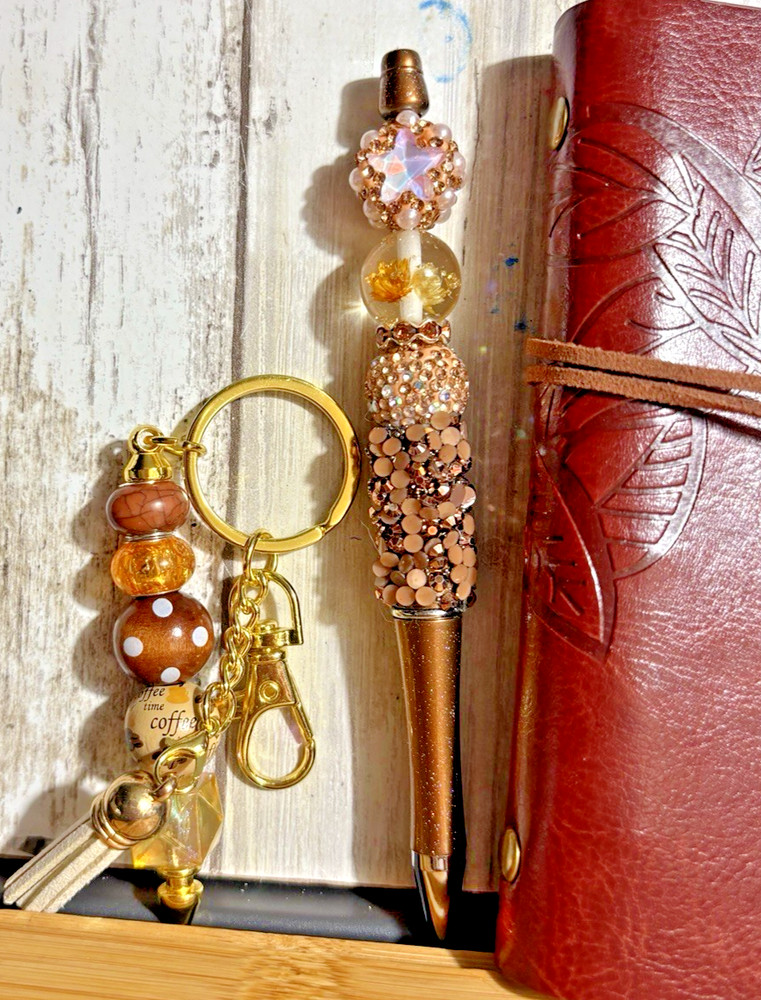 HANDCRAFTED BEADED PEN , key chain & NOTE PAD SET