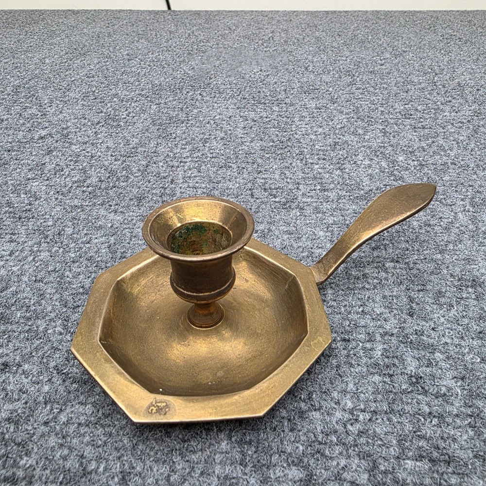 Vintage Heavy Solid Brass Chamberstick Candle Holder Octagonal Base Finger Loop