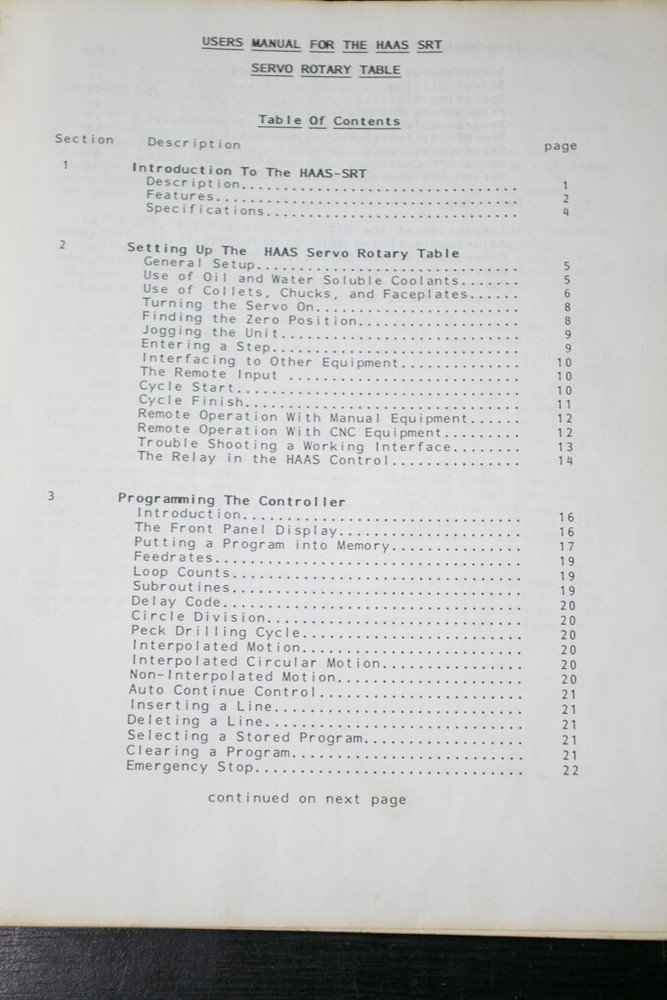 Haas SRT Programming, Operations Manual