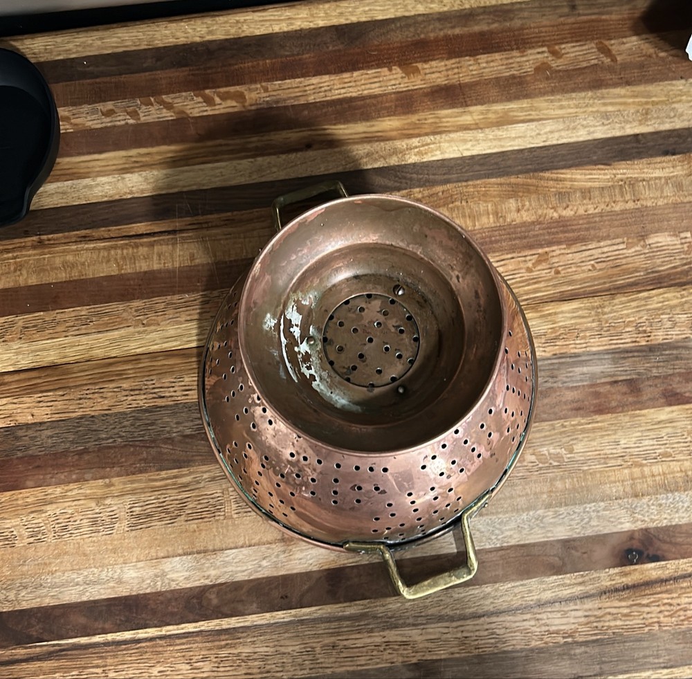 Copper Colander Strainer Brass Handles Pedestal Footed 9" Kitchen Decor