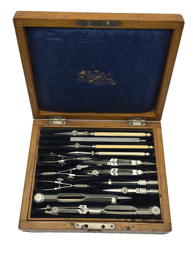 STANLEY LONDON ANTIQUE VICTORIAN ENGINEERING DRAFTING INSTRUMENT SET - OAK CASE