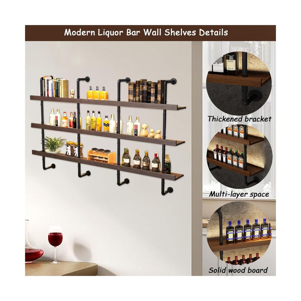 47.2in Large Wine Rack with LED Light Solid Wood Wall Mounted Wine Rack, 3-Ti...