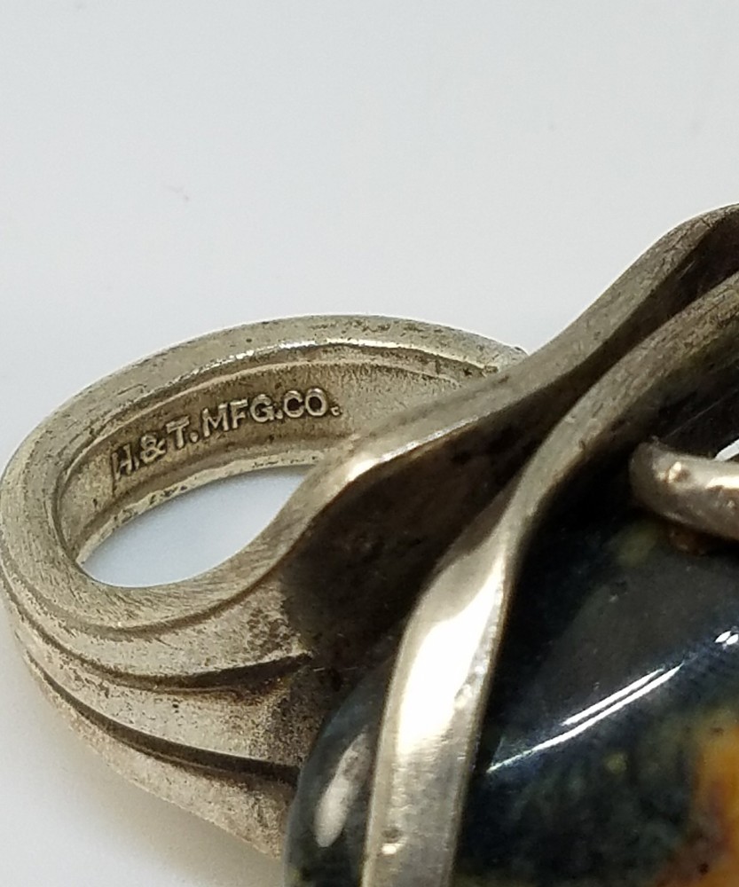 Vintage Fork Ring Large Stone Artisan Silver Tone Size 7