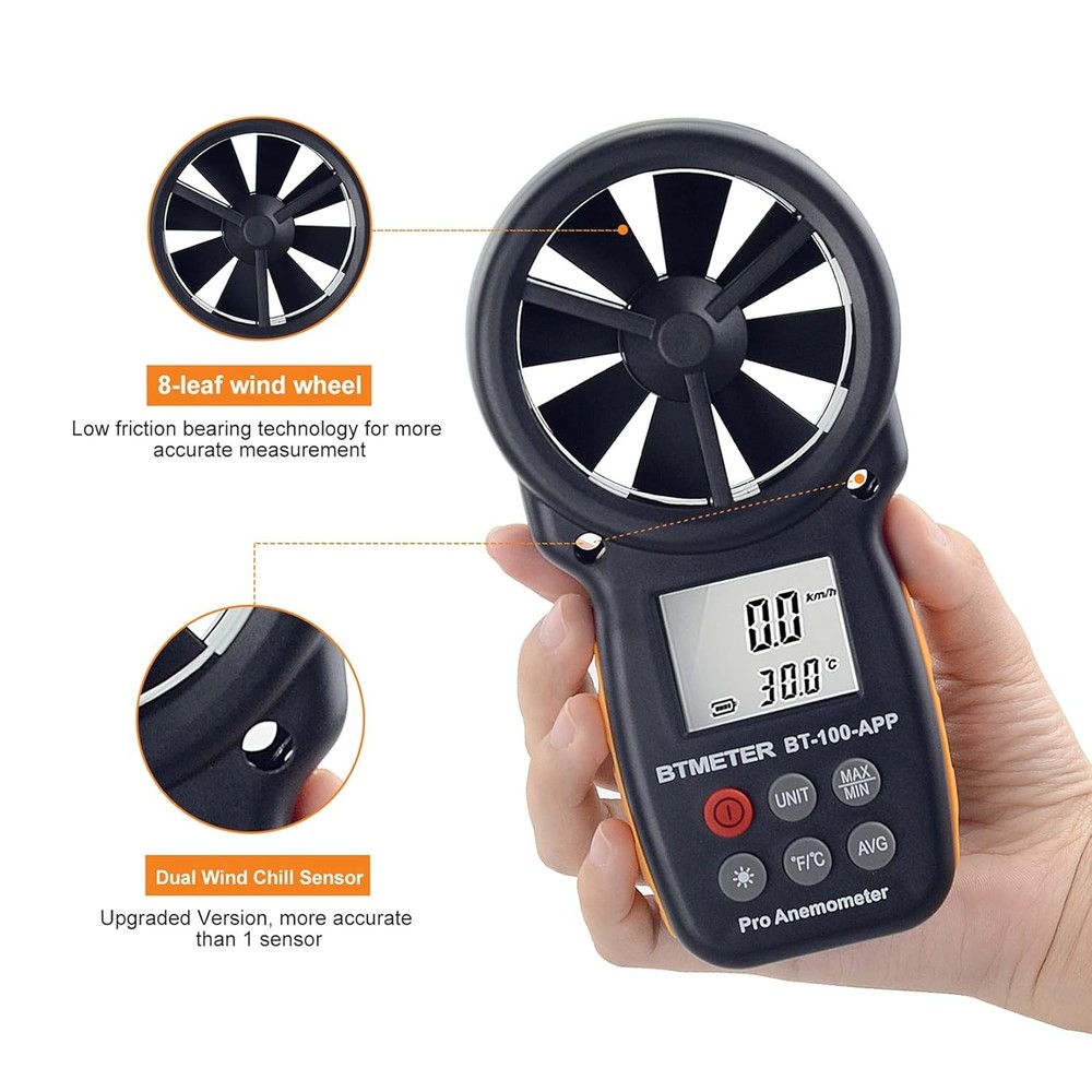 BT-100APP Anemometer w/Wireless Bluetooth, Digital Handheld Wind Speed Meter ...