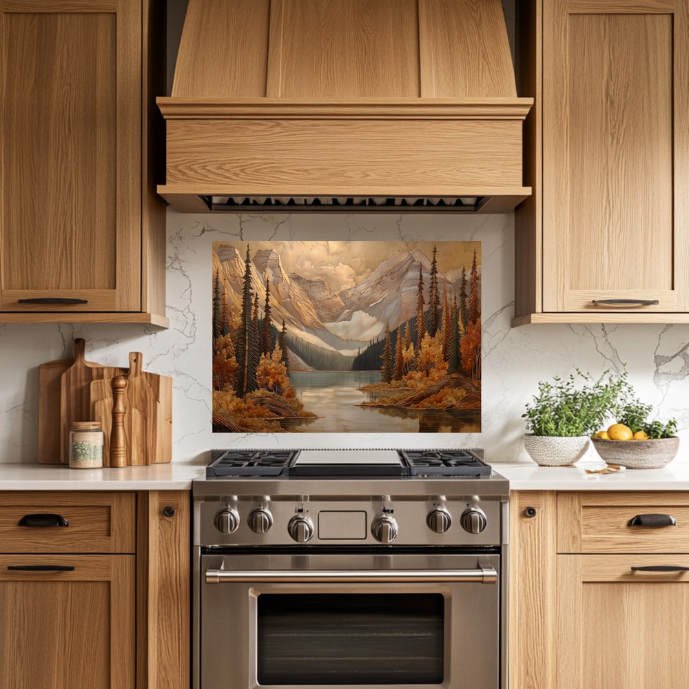 Pine Tree and Mountain Glass Backsplash, Tempered Glass Kitchen Splashback