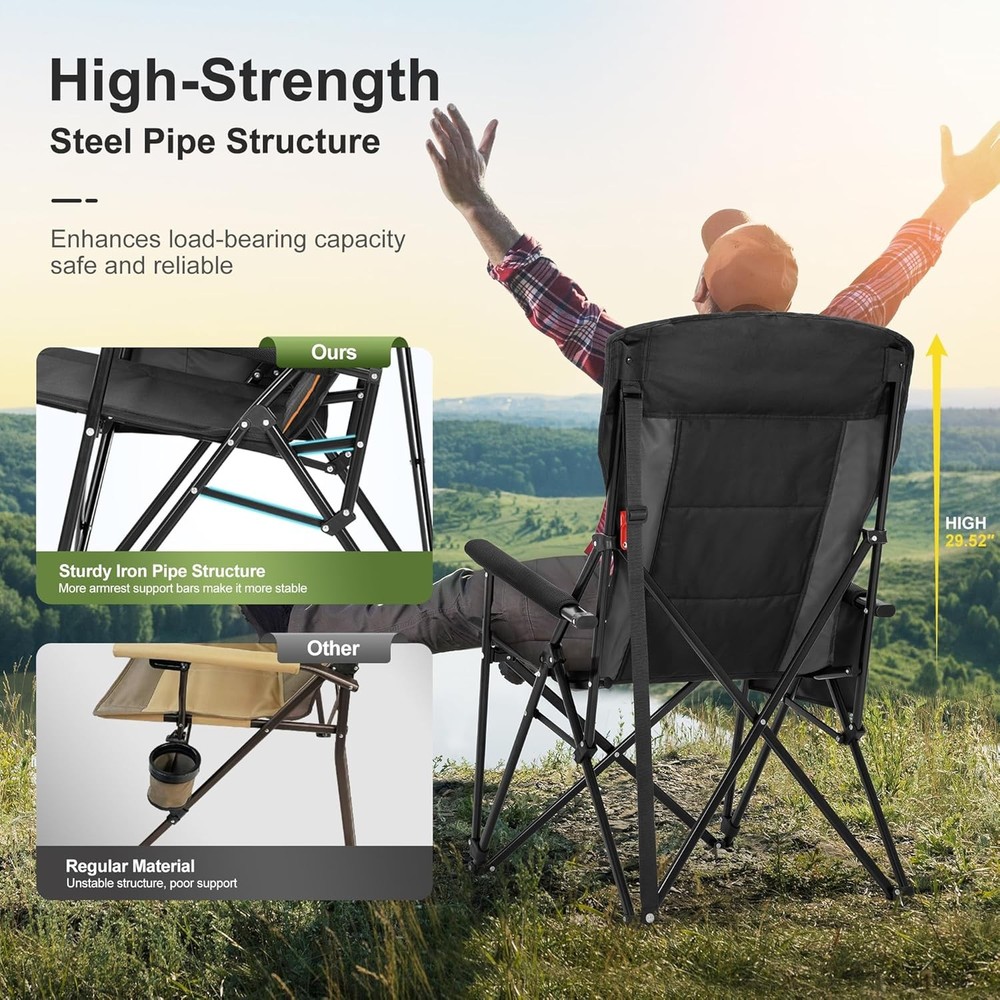 Heavy Duty Camping Chairs Oversize Folding Chair High Back Support 500lbs Black