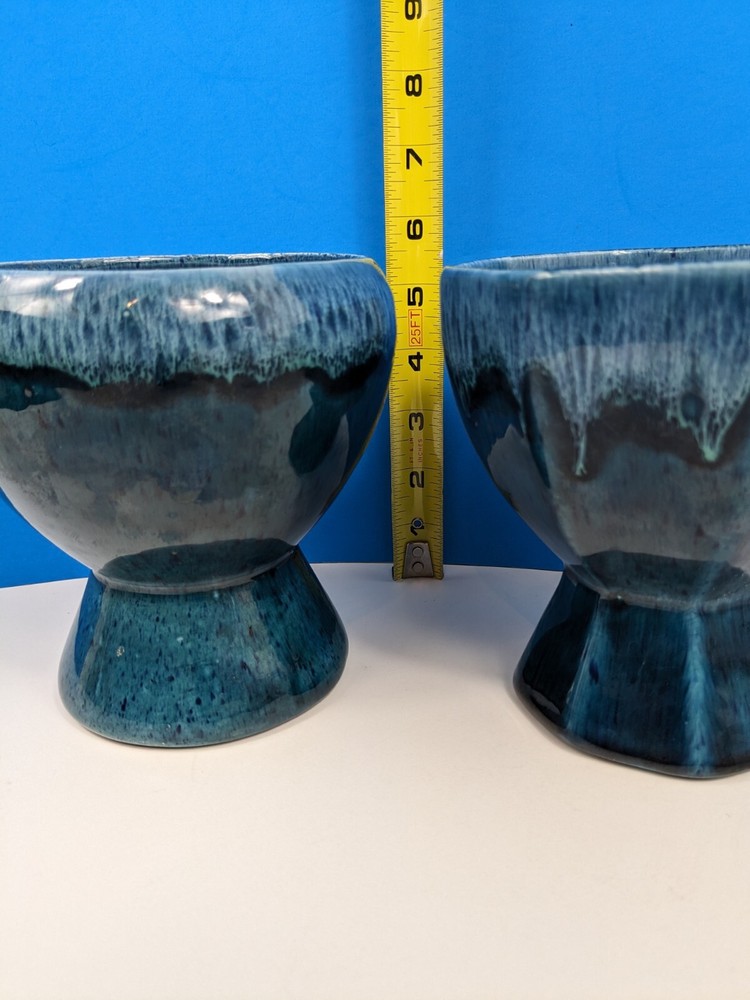 Blue Drizzle Planter Art Pottery Holders Stonewashed Glazed Pedestal Pair