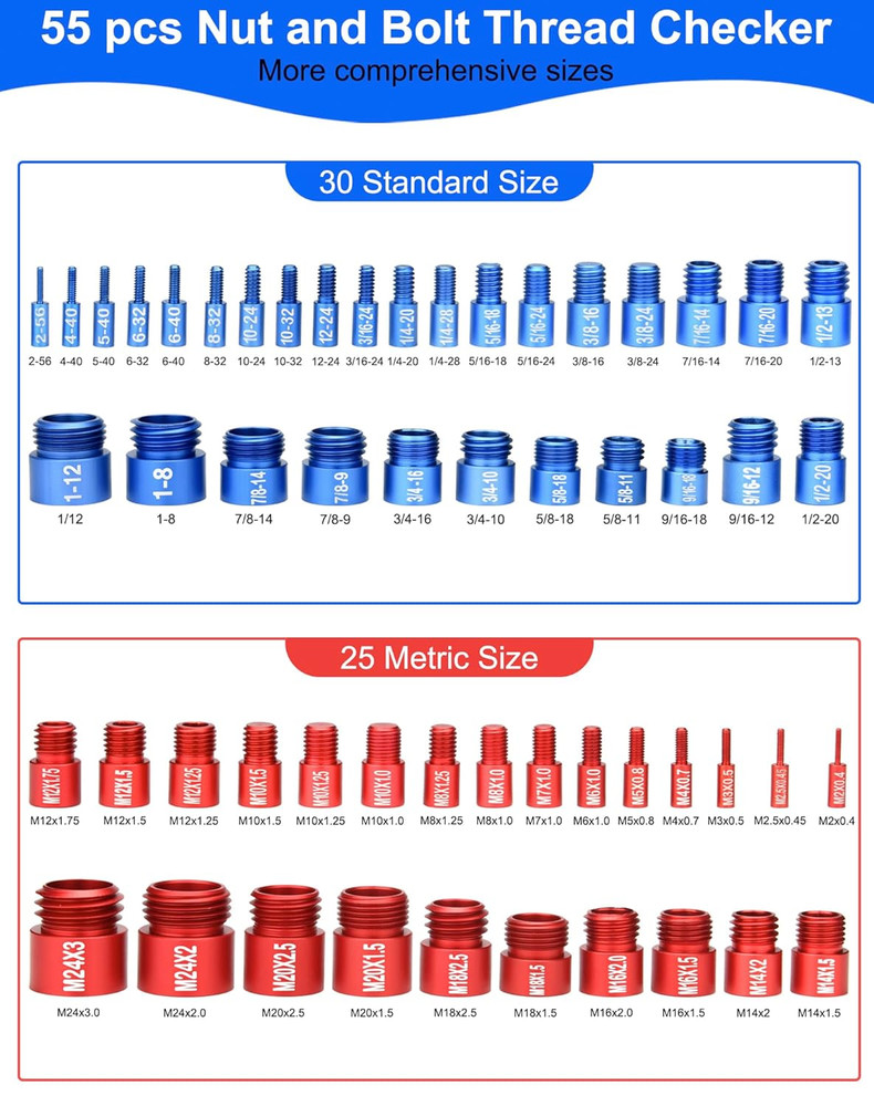 55Pcs Thread Checker, Nut and Bolt Measuring Tool(25 Metric & 30 Standard), Bolt