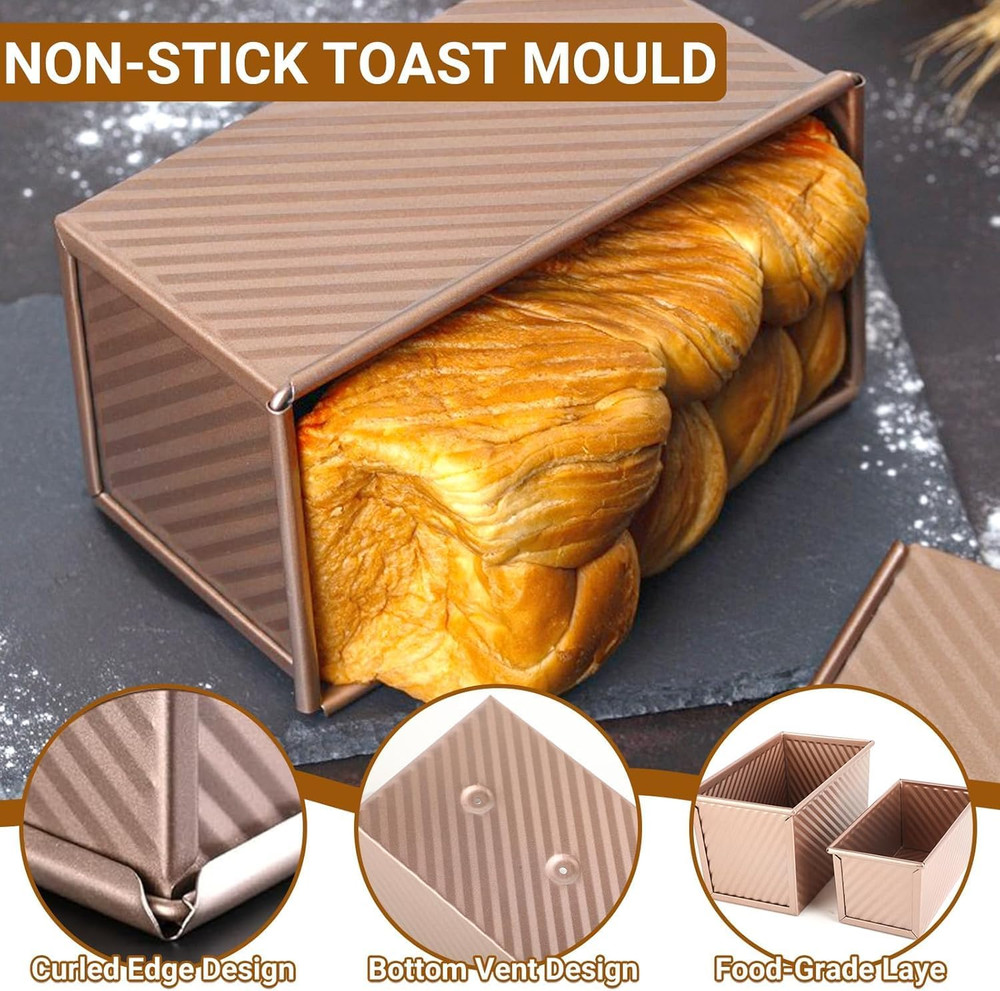 3 Pack Set Pullman Loaf Pan with Lids, 2.2 Lb & 1 Lb & 0.8 Lb Dough Capacity,Non