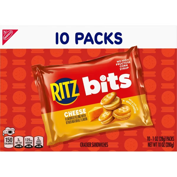 RITZ Bits Cheese Sandwich Crackers Snack Pack Lunch Snacks - 10ct