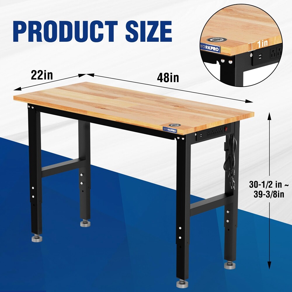 WORKPRO 48" Adjustable Height Workbench Hardwood Work Table Power Outlets 1500LB