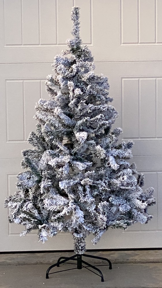 Snow Flocked Christmas Tree Artificial Pencil Foldable Metal Stand Unlit 4.5’ H